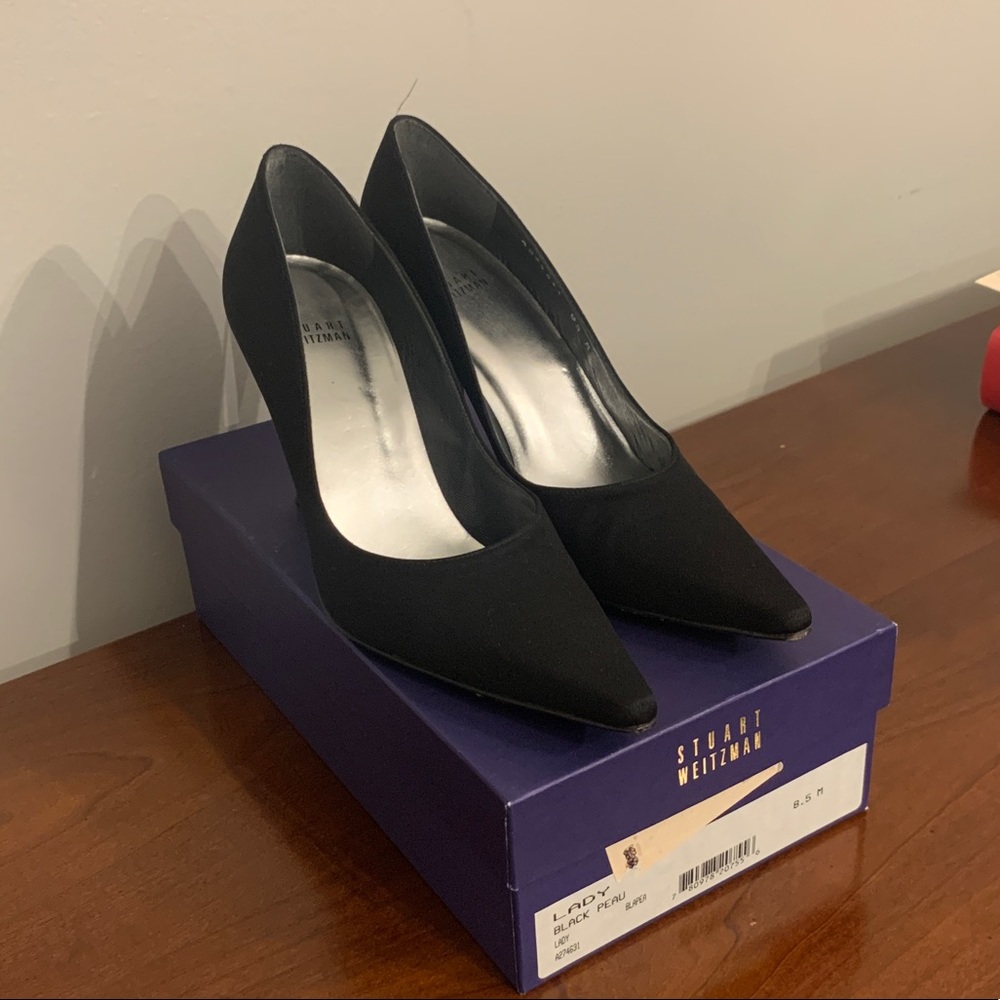 Stuart Weitzman black silk pumps, very good cond